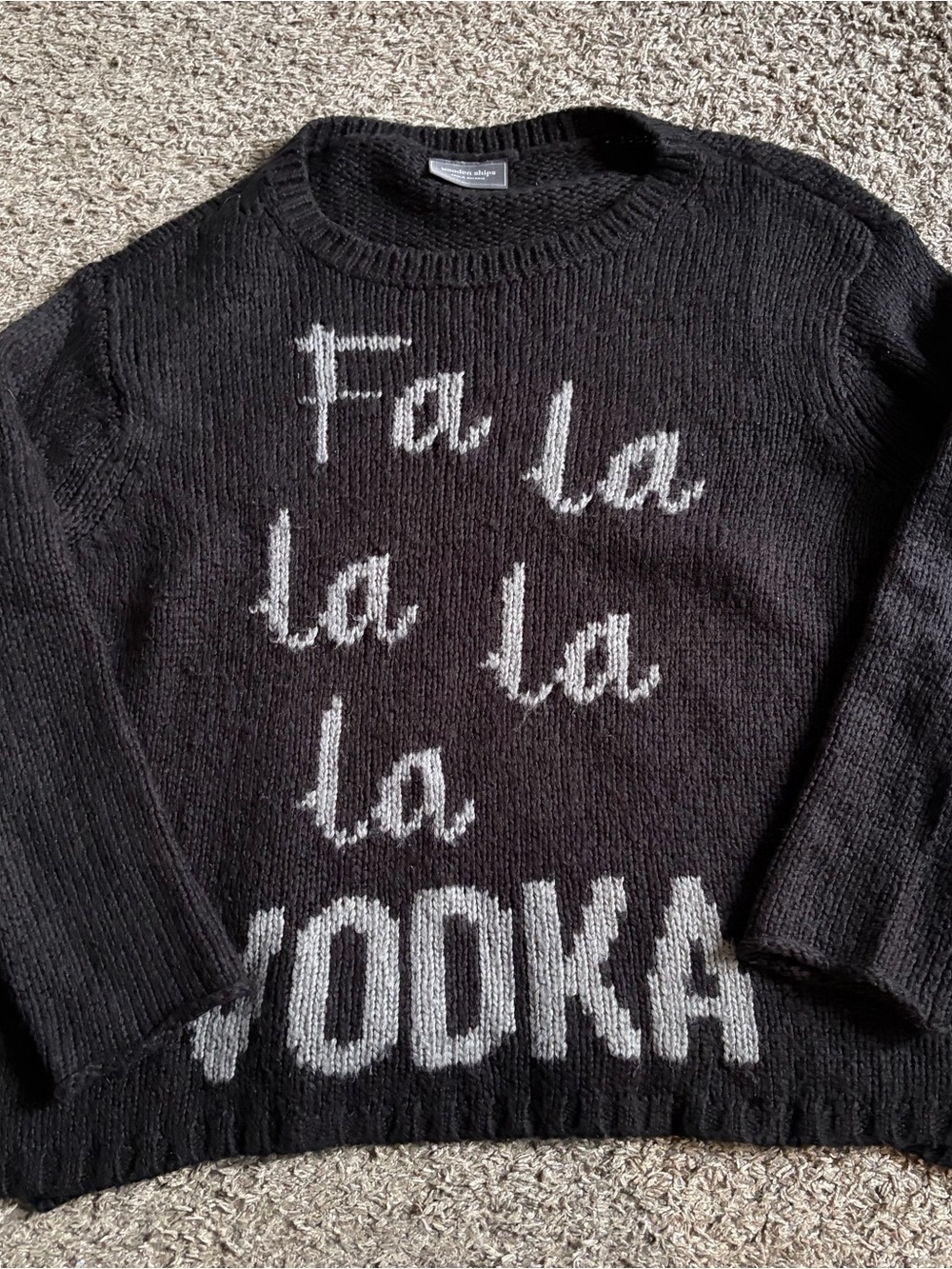 Wooden Ships Black Fa La La La Vodka Lightweight Pullover Sweater Christmas S/M
